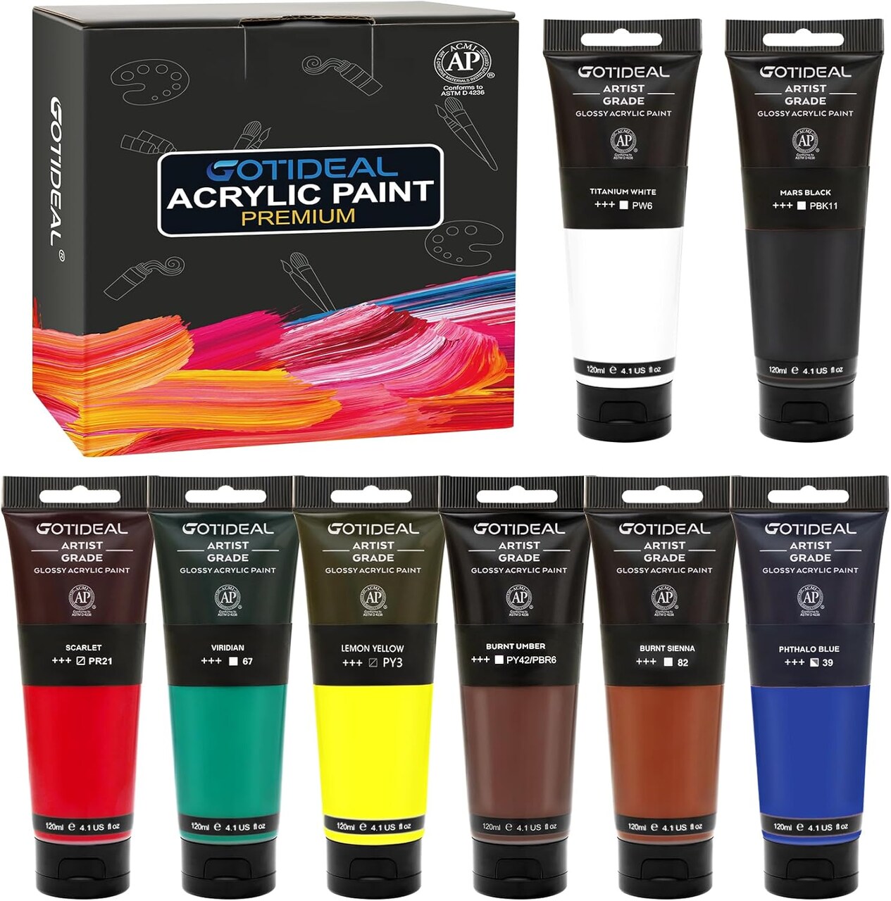 Acrylic Paint Set,8 Primary Colors((120ml,4 oz) Rich Pigments Non-Toxic Washable, Professional Paint for Pouring on Canvas, Rocks, Ceramic, Fabric, Leather, Ideal for Artist, Adults